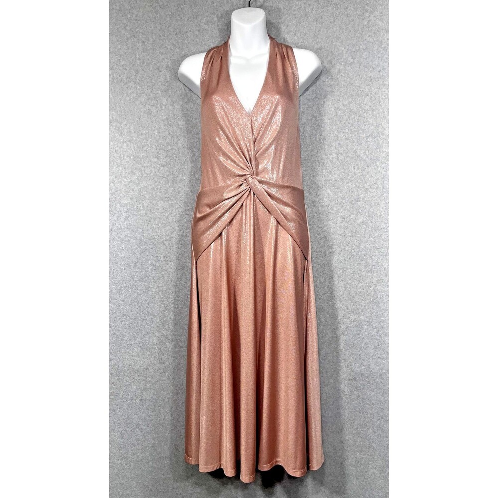 Lauren Ralph Lauren Dress Womens 6 Rose Gold Foil Print Twist Front Midi Party‎